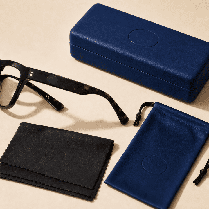 Private label eyewear customization options including frames, case, pouch and cleaning cloth
